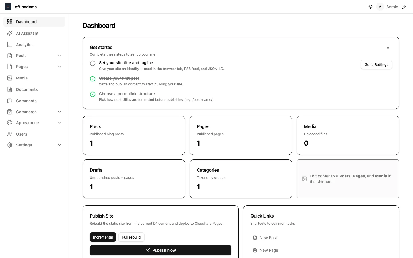The offloadcms dashboard: a setup checklist, counts for posts, pages, media, drafts and categories, and a Publish Site panel offering an incremental or full rebuild.